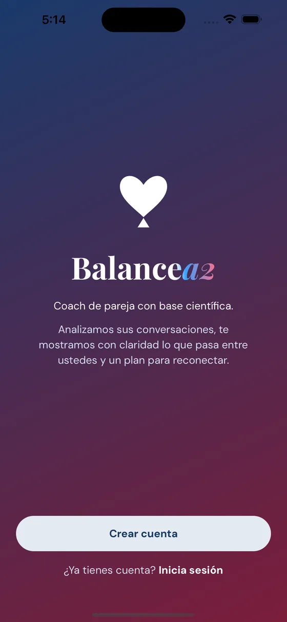 Pantalla de bienvenida de Balancea2: coach de pareja con base científica